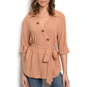 Chic Hemp Asymmetrical Wrap belted blouse top